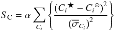 \begin{eqnarray} \label{simil_fot} S_{\rm C} = \alpha \sum_{C_i} \left\{\frac{\big({C_i} - {C_i}^\odot\big)^2}{\big(\overline{\sigma}_{C_i}\big)^2} \right\} \end{eqnarray}