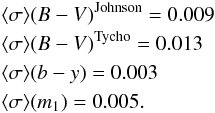 \begin{eqnarray*} &&\langle \sigma\rangle (B-V)^{\rm Johnson} =0.009\\ &&\langle \sigma\rangle (B-V)^{\rm Tycho} = 0.013\\ &&\langle \sigma\rangle (b-y) = 0.003\\ &&\langle \sigma\rangle (m_{\rm 1}) = 0.005. \end{eqnarray*}