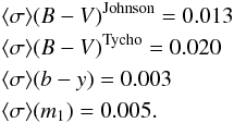 \begin{eqnarray*} &&\langle \sigma\rangle (B-V)^{\rm Johnson} = 0.013\\ &&\langle \sigma\rangle (B-V)^{\rm Tycho} = 0.020\\ &&\langle \sigma\rangle (b-y) = 0.003\\ &&\langle \sigma\rangle (m_{\rm 1}) = 0.005. \end{eqnarray*}