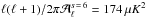 \hbox{$\ell (\ell + 1)/2\pi \mathcal{A}_\ell^{s\,=\,6} = 174 \, \mu K^2$}