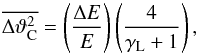 \begin{equation} \overline{\Delta\vartheta_{\mathrm{C}}^2} = \left(\frac{\Delta E}{E}\right) \left(\frac{4}{\gamma_{\mathrm{L}}+1}\right) \label{eq:theta_scatt_Bai} , \end{equation}