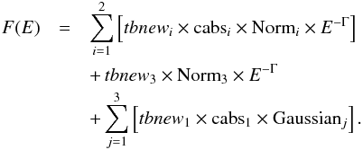 \begin{eqnarray} \label{eq1} F(E) &=& \sum_{i=1}^{2} \left[tbnew_{i} \times \mbox{cabs}_{i} \times \mbox{Norm}_{i} \times E^{-\Gamma}\right] \nonumber \\ && +\, tbnew_{3} \times \mbox{Norm}_{3} \times E^{-\Gamma} \nonumber \\ && + \sum_{j=1}^{3} \left[tbnew_{1} \times \mbox{cabs}_{1} \times \mbox{Gaussian}_{j}\right]. \end{eqnarray}