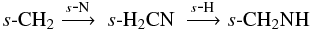 \begin{eqnarray*} s\mbox{-}{\ensuremath\rm CH_2} \xrightarrow{s\mbox{-}{\ensuremath\rm N}}~s\mbox{-}{\ensuremath\rm H_2CN}~\xrightarrow{s\mbox{-}{\ensuremath\rm H}} s\mbox{-}{\ensuremath\rm CH_2NH} \end{eqnarray*}
