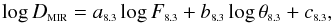 \begin{equation} \log D_{\rm \scriptscriptstyle MIR}= a_{\rm \scriptscriptstyle 8.3} \log F_{\rm \scriptscriptstyle 8.3} + b_{\rm \scriptscriptstyle 8.3 } \log \theta_{\rm \scriptscriptstyle 8.3} + c_{\rm \scriptscriptstyle 8.3}, \end{equation}