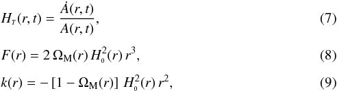 \begin{eqnarray} &&H_{\ssty T}(r,t) = \frac{\dot{A}(r,t)}{A(r,t)} \label{GBHHT}, \\[1.5mm] &&F(r) = 2 \, \Omega_{\rm M}(r) \, H^2_{\ssty 0}(r) \, r^3 \label{GBHF}, \\[1.5mm] &&k(r) = -\left[1-\Omega_{\rm M}(r)\right] \, H^2_{\ssty 0}(r) \, r^2 \label{GBHk}, \end{eqnarray}
