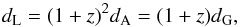 \begin{equation} \label{reclaw} \dl = (1+z)^2 \da = (1+z) \dg, \end{equation}