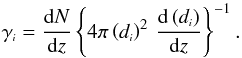 \begin{equation} \label{gammath} \gen{\gamma} = \frac{{\rm d}N}{{\rm d}z} \left\{ 4 \pi \left(\gen{d}\right)^2 \, \frac{{\rm d}\left(\gen{d}\right)}{{\rm d}z} \right\}^{-1}. \end{equation}
