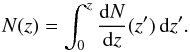 \begin{equation} \label{Nth} N(z) = \int_0^{z} \frac{{\rm d}N}{{\rm d}z}(z') \, {\rm d}z'. \end{equation}