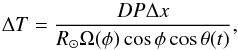\appendix \setcounter{section}{1} \begin{equation} \Delta T=\frac{DP\Delta x}{R_{\sun}\Omega(\phi)\cos\phi\cos\theta(t)}, \label{eq:artifacts} \end{equation}