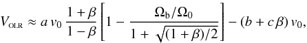 \begin{equation} \label{e:fit2} \volrhelio \approx a\, \vo\,{1+\beta\over1-\beta} \left[1-{\Ob/\Oo\over1+\sqrt{(1+\beta)/2}} \right]- (b + c\,\beta)\,\vo, \end{equation}
