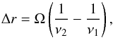 \begin{equation} \Delta r = \Omega \left(\frac{1}{\nu_2} - \frac{1}{\nu_1}\right), \label{LobEq} \end{equation}