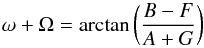 \appendix \setcounter{section}{1} \begin{equation} \omega+\Omega = \arctan \left(\frac{B-F}{A+G} \right) \end{equation}