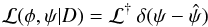 \begin{equation} {\cal L}(\phi, \psi | D) = {\cal L}^{\dag} \: \delta(\psi - \hat{\psi}) \end{equation}