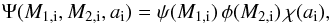 \begin{equation} \Psi(M_{\rm 1,i}, M_{\rm 2,i}, a_{\rm i}) = \psi(M_{\rm 1,i}) \, \phi(M_{\rm 2,i}) \, \chi(a_{\rm i}), \end{equation}