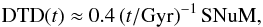 \begin{equation} \label{eq::DTD} \text{DTD} (t) \approx 0.4\,(t/\rm Gyr)^{-1}\, \rm SNuM, \end{equation}