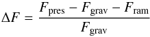 \begin{equation} \Delta F = \frac{F_{\text{pres}} - F_{\text{grav}} - F_{\text{ram}}}{F_{\text{grav}}} \end{equation}