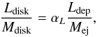 \begin{equation} \frac{L_{\rm disk}}{M_{\rm disk}}=\alpha_L \frac{L_{\rm dep}}{M_{\rm ej}},\label{Ldisk} \end{equation}