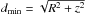 \hbox{$d_{\min} = \sqrt{R^2 + z^2}$}