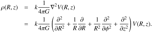 \begin{eqnarray} \rho(R,z) &=& k \frac{1}{4 \pi G} \nabla^2 V(R,z) \nonumber \\ &= & k \frac{1}{4 \pi G} \left(\frac{\partial^2}{\partial R^2} + \frac{1}{R}\frac{\partial}{\partial R} + \frac{1}{R^2} \frac{\partial^2}{\partial \phi^2} + \frac{\partial^2}{\partial z^2}\right) V(R,z). \label{dens} \end{eqnarray}