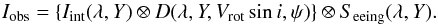 \begin{equation} I_{\rm obs} = \{ I_{\rm int}(\lambda, Y) \otimes D(\lambda, Y, V_{\rm rot}\sin i, \psi)\} \otimes S_{\rm eeing}(\lambda, Y). \end{equation}
