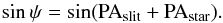 \begin{equation} \sin \psi = \sin (\text{PA}_{\text{slit}} + \text{PA}_{\text{star}}). \end{equation}