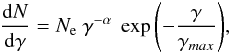 \begin{eqnarray} {{\rm d}N \over {\rm d}\gamma} = N_{\rm e}~ \gamma^{-\alpha} ~ \exp{\left(-{\gamma \over \gamma_{max}}\right)}, \label{eqn:electron_spectrum} \end{eqnarray}