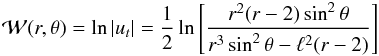 \begin{eqnarray} \label{eq:Weq_a=0} \mathcal{W}(r,\theta) = \ln|u_t| = \frac{1}{2} \ln \left[ \frac{r^2(r-2)\sin^2\theta}{r^3\sin^2\theta - \ell^2(r-2)} \right] \end{eqnarray}