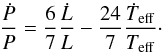 \begin{equation} \frac{ \dot{P}}{P} = \frac{6}{7}\frac{\dot{L}}{L} - \frac{24}{7}\frac{\dot{T}_{\rm{eff}}}{T_{\rm{eff}}}\cdot \end{equation}