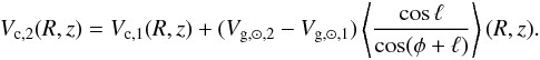 \begin{eqnarray} V_{\rm c,2}(R,z)=V_{\rm c,1}(R,z)+(V_{{\rm g},\odot ,2}-V_{{\rm g},\odot ,1}) \left\langle \frac{\cos \ell}{\cos (\phi +\ell )}\right\rangle (R,z). \end{eqnarray}