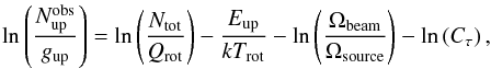 \appendix \setcounter{section}{1} \begin{equation} \label{Equation:Population-Diagram} \ln \left( \frac{N_\mathrm{up}^\mathrm{obs}}{g_\mathrm{up}} \right) = \ln \left( \frac{N_\mathrm{tot}}{Q_\mathrm{rot}} \right) - \frac{E_\mathrm{up}}{kT_\mathrm{rot}} - \ln \left( \frac{\Omega_\mathrm{beam}}{\Omega_\mathrm{source}} \right) - \ln \left( C_\tau \right), \end{equation}