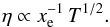 \begin{equation} \eta \propto x_{\rm e}^{-1} \, T^{1/2} . \label{eta_eq} \end{equation}