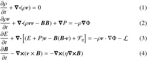 \begin{eqnarray} &&\frac{\partial \rho}{\partial t}+\del \bcdot (\rho \bb{v}) = 0 \\ &&\frac{\partial \rho \bb{v}}{\partial t}+\del \bcdot (\rho \bb{v} \bb{v} - \bb{B} \bb{B}) + \del P = -\rho \del \Phi \\ &&\frac{\partial E}{\partial t}+\del \bcdot \left[ (E+P) \bb{v} - \bb{B} (\bb{B} \bcdot \bb{v}) + {\cal F_{\eta}} \right] = -\rho\bb{v}\cdot\nabla \Phi -{\cal L} \label{energy_eq} \\ &&\frac{\partial \vec{B}}{\partial t} - \bb{\nabla} \btimes (\bb{v} \times \bb{B}) = - \bb{\nabla} \btimes (\eta \bb{\nabla} \btimes \bb{B}) \label{induc} \end{eqnarray}