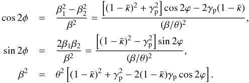 \begin{eqnarray} \cos 2\phi&=&{\beta_1^2-\beta_2^2\over \beta^2} ={\eck{(1-\bar\kappa)^2+\gamma_{\rm p}^2}\cos 2\vp-2\gamma_{\rm p}(1-\bar\kappa) \over (\beta/\theta)^2}, \nonumber \\ \sin 2\phi&=&{2\beta_1\beta_2\over \beta^2} ={\eck{(1-\bar\kappa)^2-\gamma_{\rm p}^2}\sin 2\vp \over (\beta/\theta)^2}, \\ \beta^2&=&\theta^2\eck{(1-\bar\kappa)^2+\gamma_{\rm p}^2 -2(1-\bar\kappa)\gamma_{\rm p}\cos 2\vp} .\nonumber \end{eqnarray}