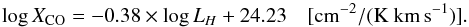 \begin{equation} {\log X_{\rm CO} = -0.38 \times \log L_H + 24.23 ~~~~\rm{[cm^{-2}/(K~km\,s^{-1})]}}. \end{equation}