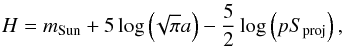 \begin{eqnarray} \label{opt_constraint} H = m_\mathrm{Sun} + 5 \log \left(\!\sqrt{\pi} a \right) - \frac{5}{2} \log \left( p S_\mathrm{proj} \right), \end{eqnarray}