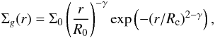 \begin{equation} \label{eq:edge} \Sigma_g(r) = \Sigma_0 \left(\frac{r}{R_0}\right)^{-\gamma} \exp\left(-(r/R_{\rm c})^{2-\gamma}\right) , \end{equation}