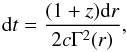 \begin{equation} \label{eq:time_obs} {\rm d}t = \frac{(1+z){\rm d}r}{2c\Gamma^2(r)}, \end{equation}