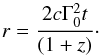 \begin{equation} \label{eq:r_early} r = \frac{2c\Gamma_0^2 t}{(1+z)}\cdot \end{equation}