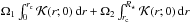 \hbox{$\Omega_1 \int_0^{r\ind{c}} \mathcal{K}(r;0)\,{\rm d}r + \Omega_2 \int_{r\ind{c}}^{R_\star} \mathcal{K}(r;0)\,{\rm d}r$}
