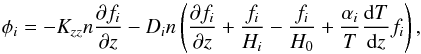 \begin{equation} \phi_i = - K_{zz} n \frac{\partial f_i}{\partial z} - D_i n \left( \frac{\partial f_i}{\partial z} + \frac{f_i}{H_i} - \frac{f_i}{H_0} + \frac{\alpha_i}{T} \frac{{\rm d} T}{ {\rm d} z} f_i \right), \label{eq:flux} \end{equation}
