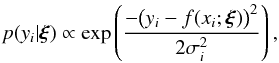 \appendix \setcounter{section}{2} \begin{equation} p(y_i|\boldsymbol\xi)\propto\exp\left(\frac{-\big(y_i-f(x_i;\boldsymbol\xi)\big)^2}{2\sigma_i^2}\right),\label{eq:prob} \end{equation}