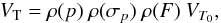 \begin{eqnarray} V_{\rm T} = \rho(p) ~\rho(\sigma_p)~\rho(F) ~ V_{T_0}, \label{eq:Vt} \end{eqnarray}