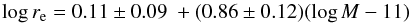 \begin{equation} \log r_{\rm e} = 0.11\pm0.09 \ +(0.86\pm0.12)(\log M -11) \end{equation}