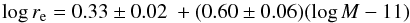 \begin{equation} \log r_{\rm e} = 0.33\pm0.02 \ +(0.60\pm0.06)(\log M -11) \end{equation}