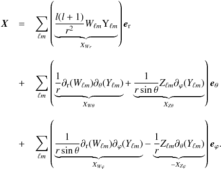 \begin{eqnarray} \label{eq:290} \vec{X}&=&\sum_{\ell m}\left(\underbrace{\frac{l(l+1)}{r^2}{W}_{\ell m}\mathrm{Y}_{\ell m}}_{{{X_{{W}r}}}}\right)\vec{e}_{\rm r}\\[2.5mm] \nonumber &+&\sum_{\ell m}\left(\underbrace{\frac{1}{r}\partial_{\rm r}({W}_{\ell m})\partial_\theta({Y}_{\ell m})}_{{{X_{{W}\theta}}}}+\underbrace{\frac{1}{r\sin\theta}{Z}_{\ell m}\partial_\varphi({Y}_{\ell m})}_{{{X_{{Z}\theta}}}}\right)\vec{e}_\theta\\[2.5mm] &+& \sum_{\ell m}\left(\underbrace{\frac{1}{r\sin\theta}\partial_{\rm r}({W}_{\ell m})\partial_\varphi({Y}_{\ell m})}_{{{X_{{W}\varphi}}}}-\underbrace{\frac{1}{r}{Z}_{\ell m}\partial_\theta({Y}_{\ell m})}_{{{-X_{{Z}\varphi}}}}\right)\vec{e}_\varphi \hbox{.}\nonumber \end{eqnarray}