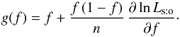 \begin{equation} \label{expression_g} g(f) = f + \frac{f\multspace (1-f)}n \multspace \frac{\partial\ln\Lhsto}{\partial f}\cdot \end{equation}