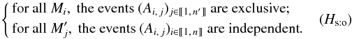 \begin{eqnarray*} \Left\{ \begin{aligned} &\text{for all }M_i,\text{ the events }(A_{i\comma j})_{j\in\integinterv{1}{\np}} \text{ are exclusive}; \\ &\text{for all }\Mp_j,\text{ the events }(A_{i\comma j})_{i\in\integinterv{1}{n}} \text{ are independent}. \end{aligned} \Right. \quad({H_\sto}) \end{eqnarray*}