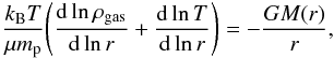 \begin{equation} \frac{k_{\rm B}T}{\mu m_{\rm p}} \Bigg(\frac{{\rm d}\ln \rho_{\rm gas}}{{\rm d} \ln r} + \frac{{\rm d}\ln T}{{\rm d}\ln r} \Bigg) = - \frac{G M(r)}{r}, \label{eq.hydroeq} \end{equation}