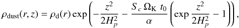 \begin{equation} \rho_{\rm dust}(r,z)=\rho_{\rm d}(r) \exp\left( -\frac{z^2}{2H_p^2} - \frac{S_c\,\Omega_{\rm K}\,\, t_0}{\alpha} \left(\exp\frac{z^2}{2H_p^2}-1\right) \right), \end{equation}