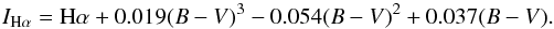 \appendix \setcounter{section}{1} \begin{equation} I_{\rm H\alpha} = \hbox{H}\alpha + 0.019(B-V)^3 - 0.054(B-V)^2 + 0.037(B-V). \end{equation}